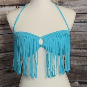 Roxy Fringe Bandeau Halter Bikini Top – Turquoise – No Size Tag Possible Medium